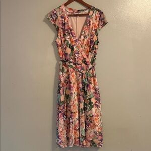 Floral Faux-Wrap Midi Dress in Pink and Green